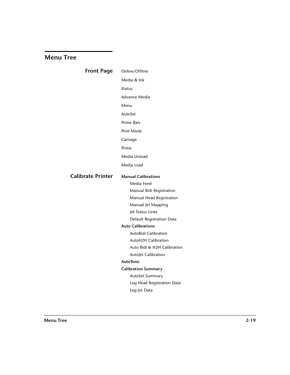 Menu tree, Calibrate printer, Menu tree -19 | Front page | HP 0706124 REV B User Manual | Page 53 / 150