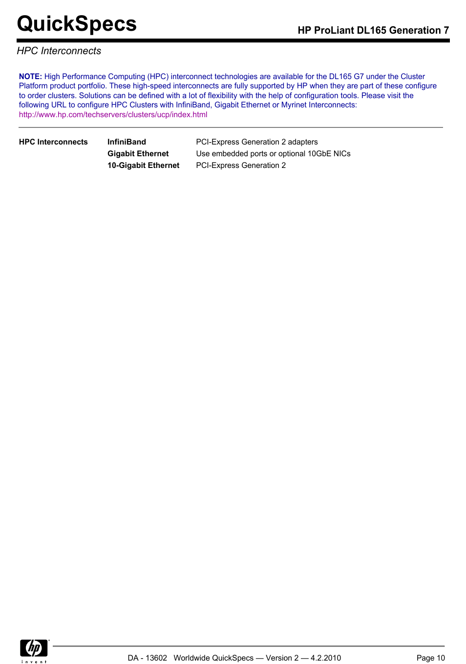 Hpc interconnects, Quickspecs | HP DL165 User Manual | Page 10 / 38