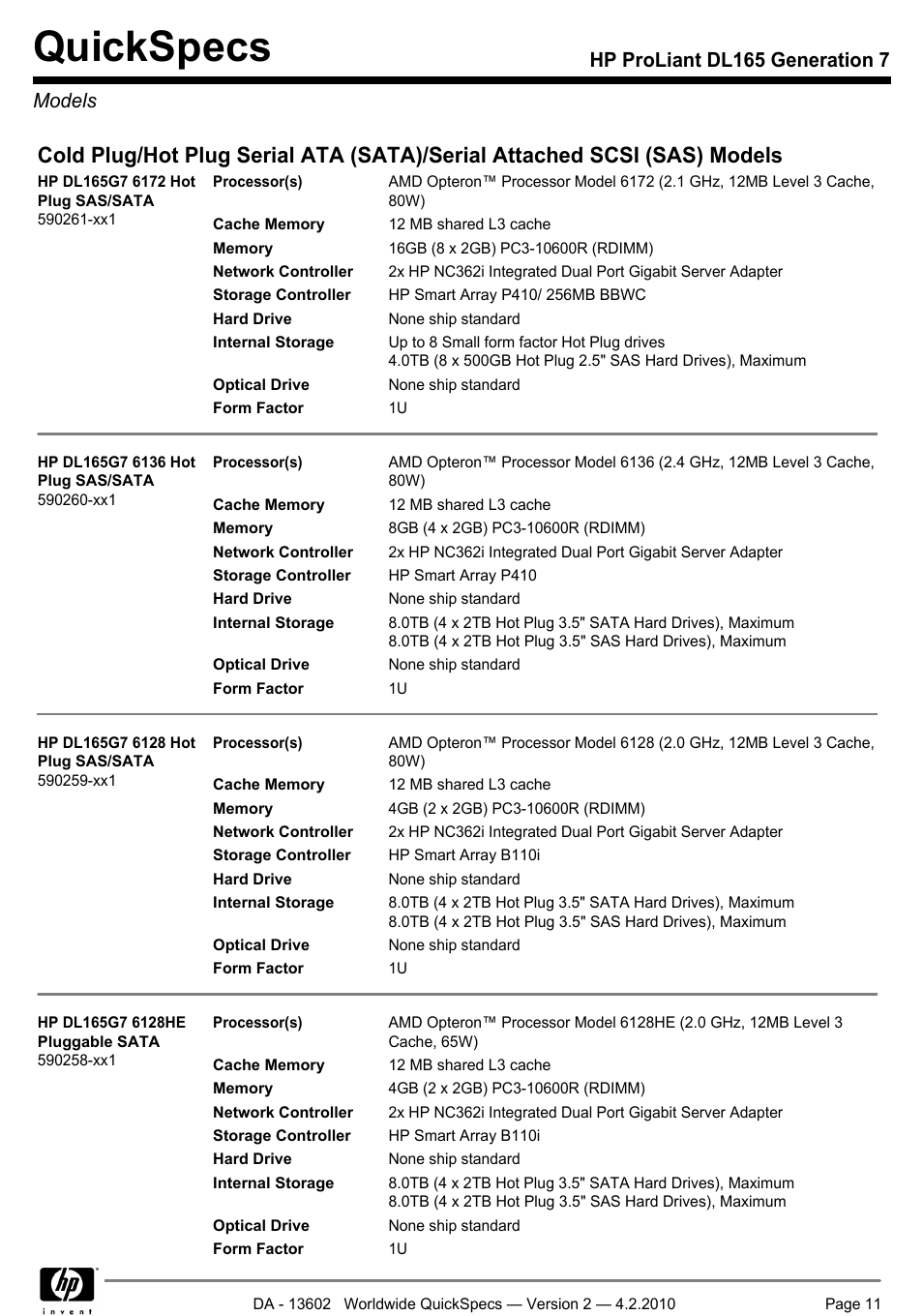Models, Quickspecs, Hp proliant dl165 generation 7 models | HP DL165 User Manual | Page 11 / 38