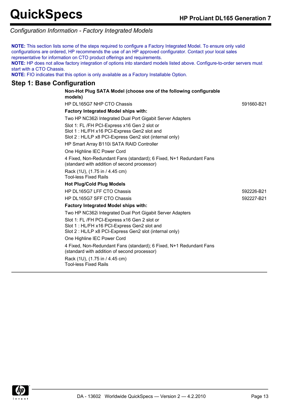 Quickspecs, Step 1: base configuration | HP DL165 User Manual | Page 13 / 38