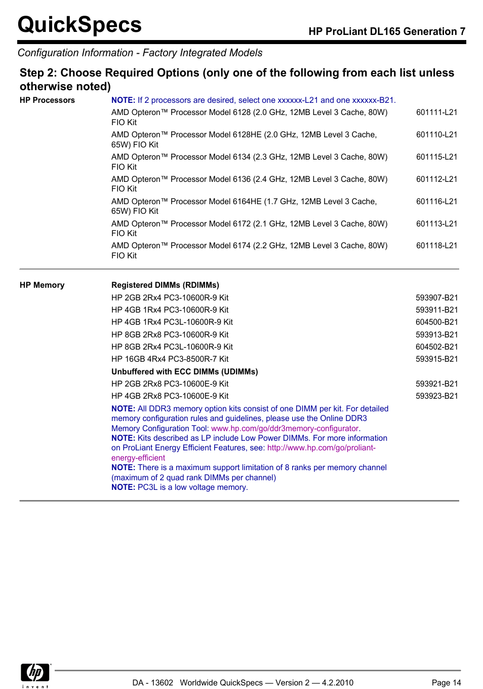 Quickspecs | HP DL165 User Manual | Page 14 / 38