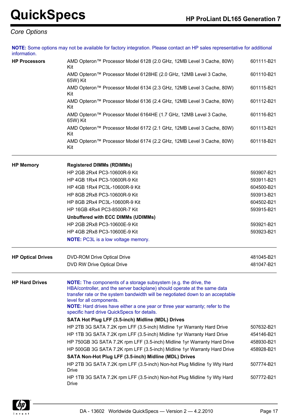 Core options, Quickspecs, Hp proliant dl165 generation 7 core options | HP DL165 User Manual | Page 17 / 38