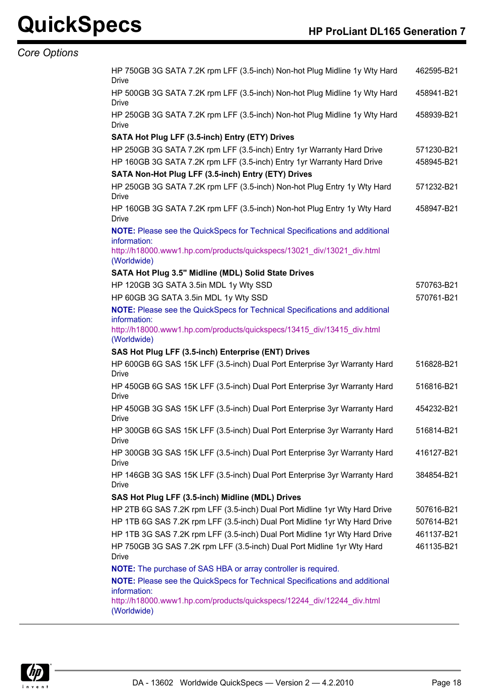 Quickspecs, Hp proliant dl165 generation 7 core options | HP DL165 User Manual | Page 18 / 38
