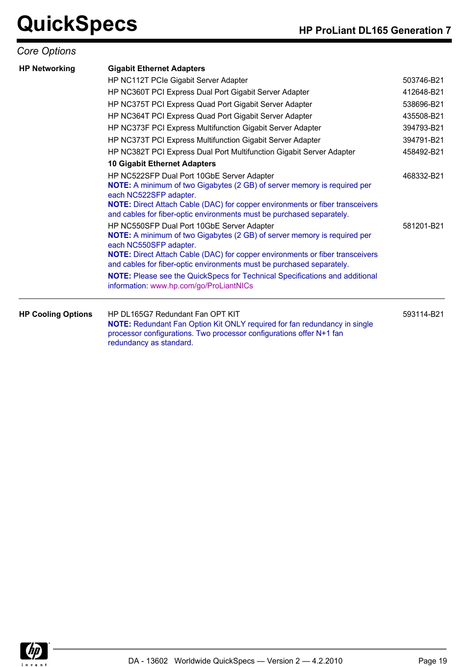 Quickspecs, Hp proliant dl165 generation 7 core options | HP DL165 User Manual | Page 19 / 38