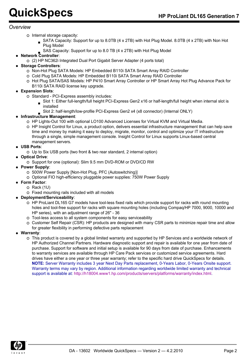 Quickspecs, Hp proliant dl165 generation 7 overview | HP DL165 User Manual | Page 2 / 38
