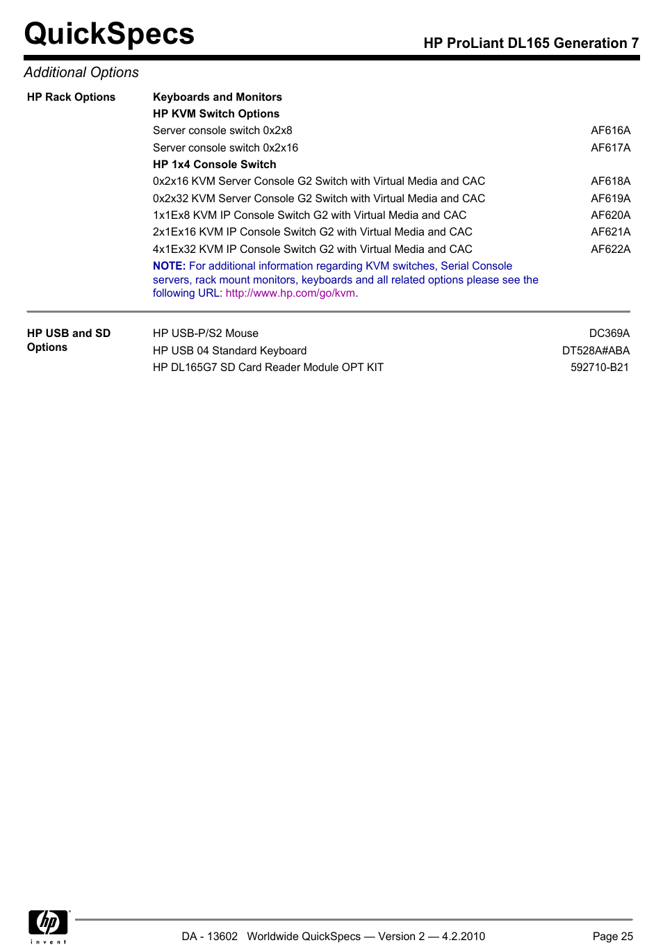 Quickspecs, Hp proliant dl165 generation 7 additional options | HP DL165 User Manual | Page 25 / 38