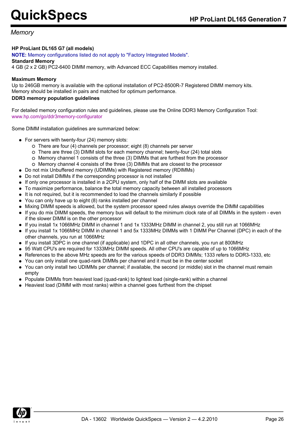 Memory, Quickspecs | HP DL165 User Manual | Page 26 / 38