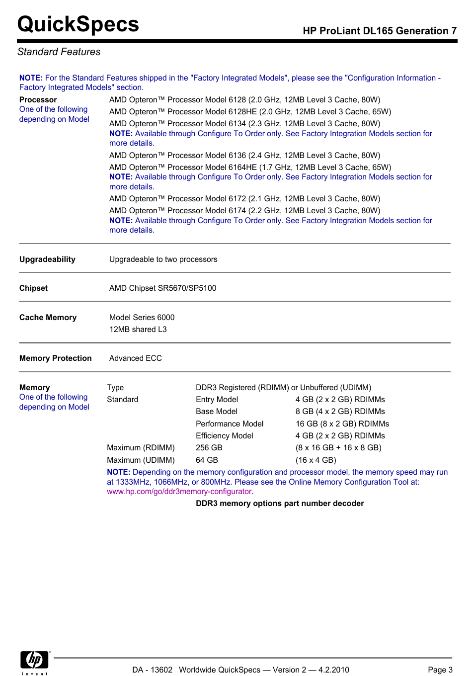 Standard features, Quickspecs, Hp proliant dl165 generation 7 standard features | HP DL165 User Manual | Page 3 / 38