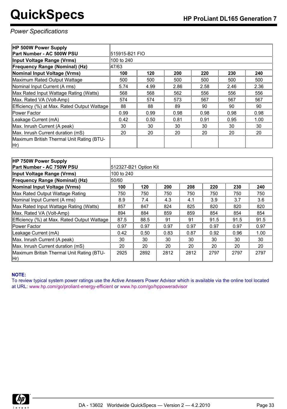 Power specifications, Quickspecs | HP DL165 User Manual | Page 33 / 38