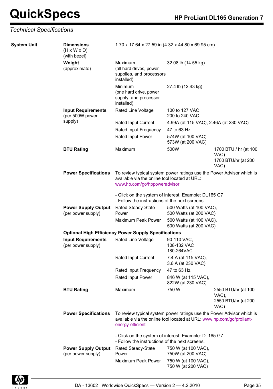 Technical specifications, Quickspecs | HP DL165 User Manual | Page 35 / 38