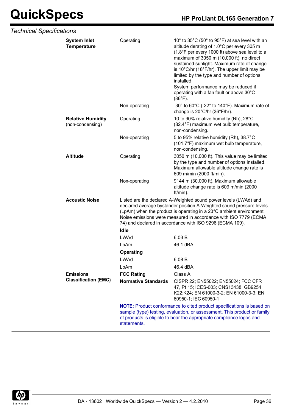 Quickspecs | HP DL165 User Manual | Page 36 / 38