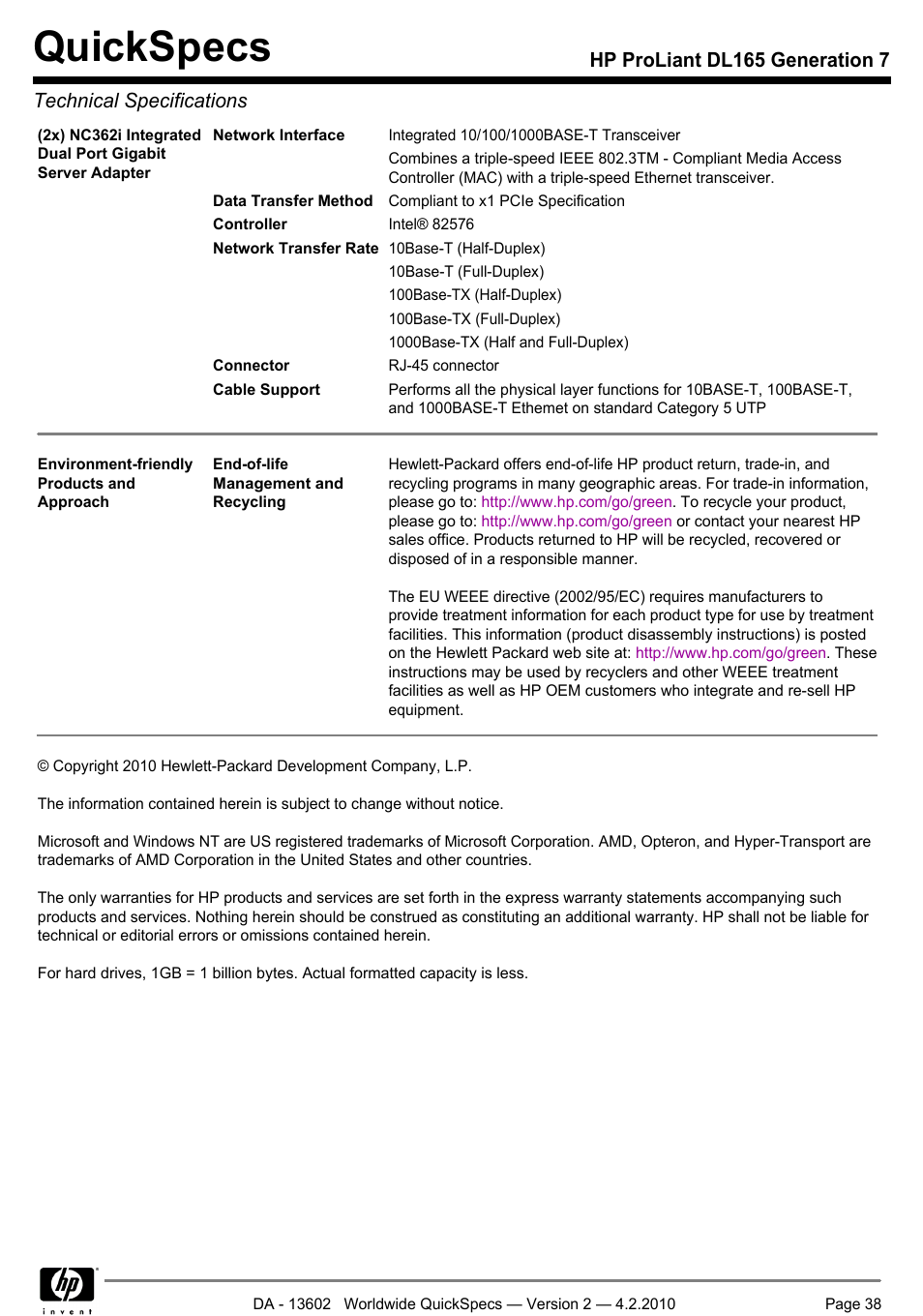 Quickspecs | HP DL165 User Manual | Page 38 / 38
