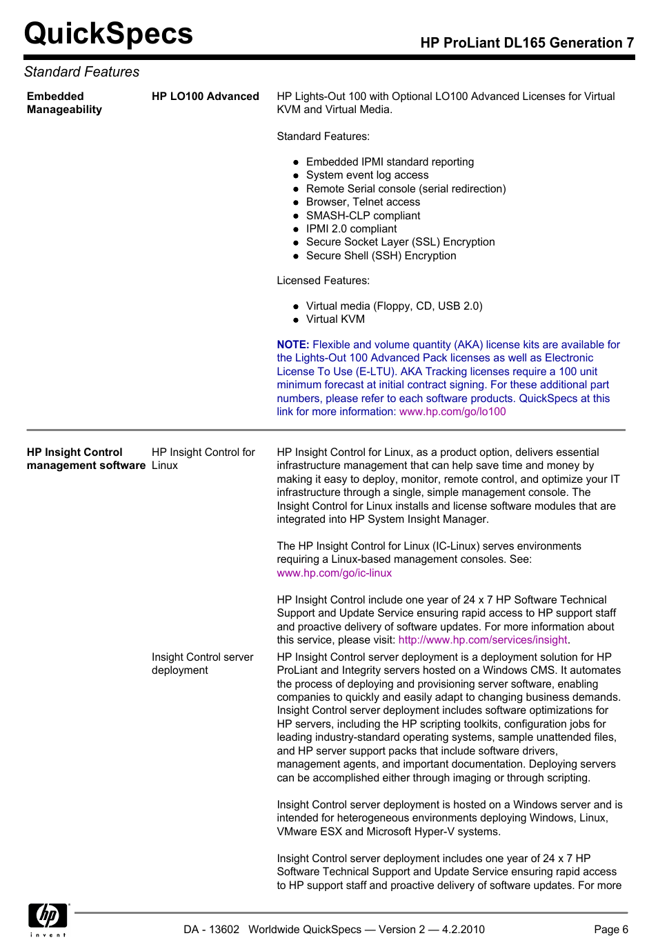 Quickspecs, Hp proliant dl165 generation 7 standard features | HP DL165 User Manual | Page 6 / 38