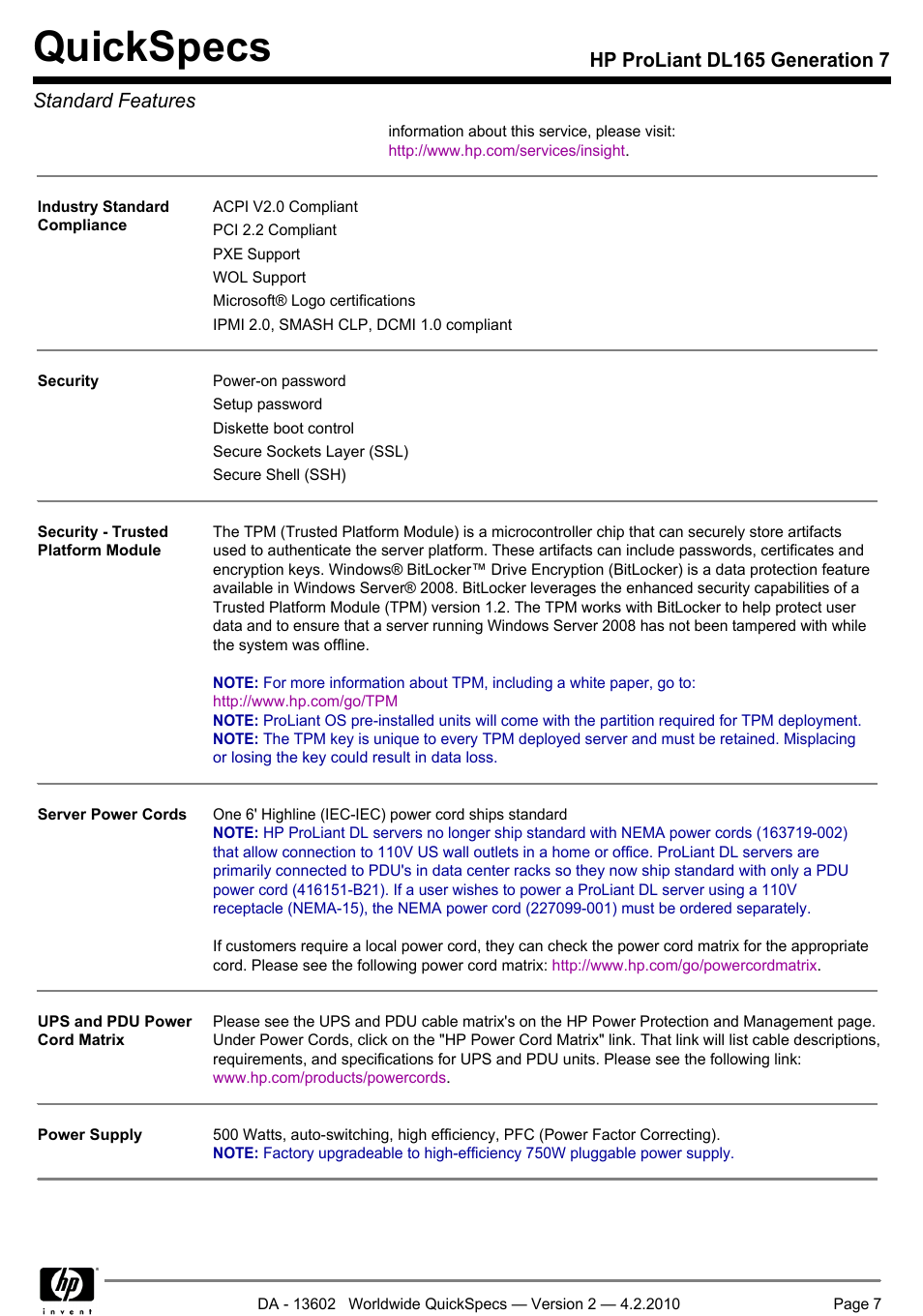 Quickspecs, Hp proliant dl165 generation 7 standard features | HP DL165 User Manual | Page 7 / 38