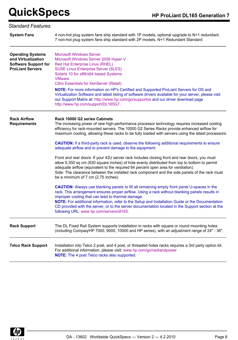 Quickspecs, Hp proliant dl165 generation 7 standard features | HP DL165 User Manual | Page 8 / 38