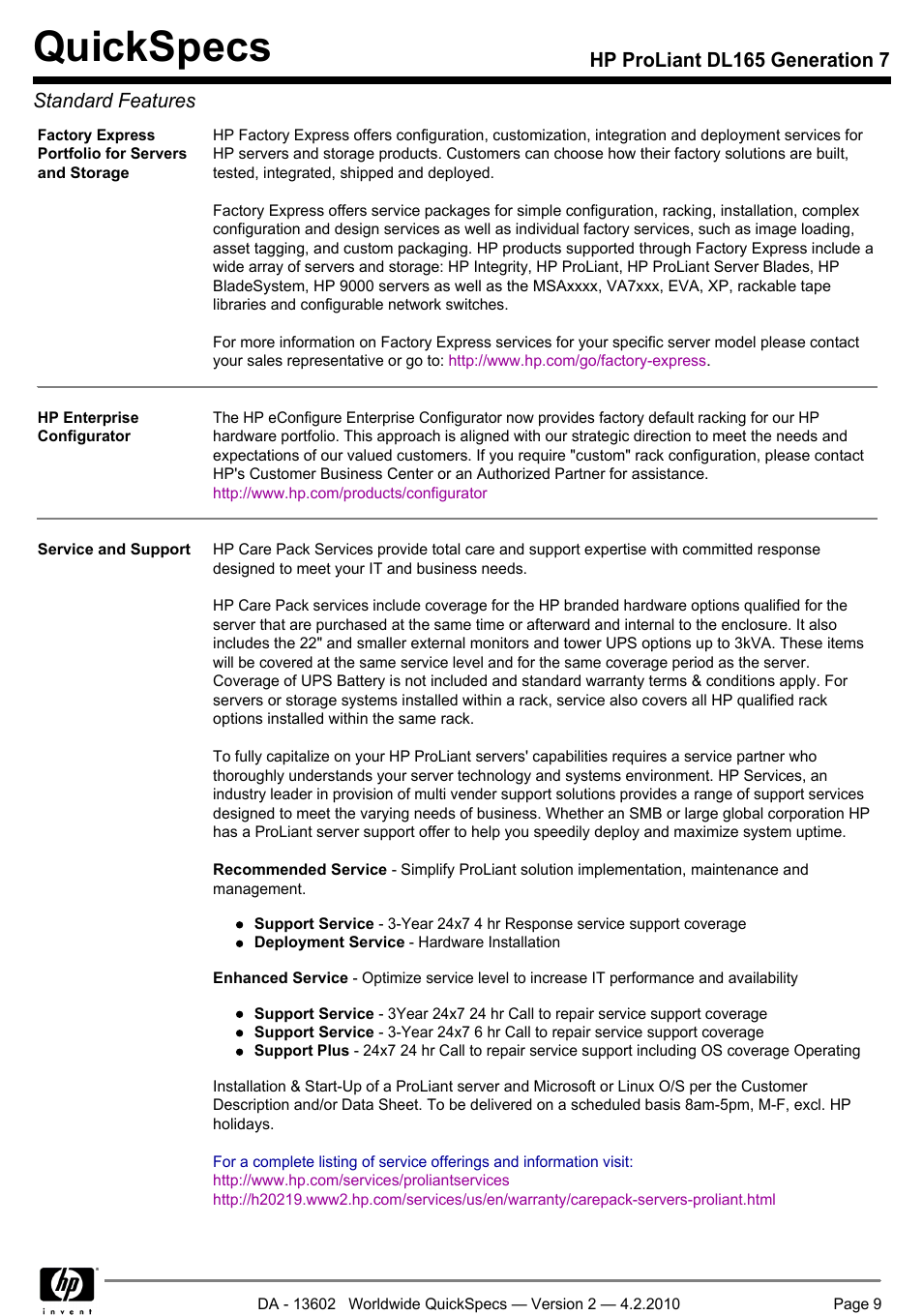Quickspecs, Hp proliant dl165 generation 7 standard features | HP DL165 User Manual | Page 9 / 38