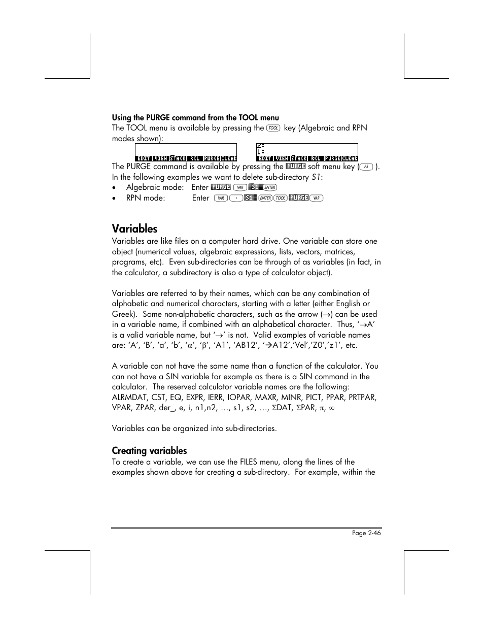Variables, Creating variables | HP 48gII User Manual | Page 104 / 864