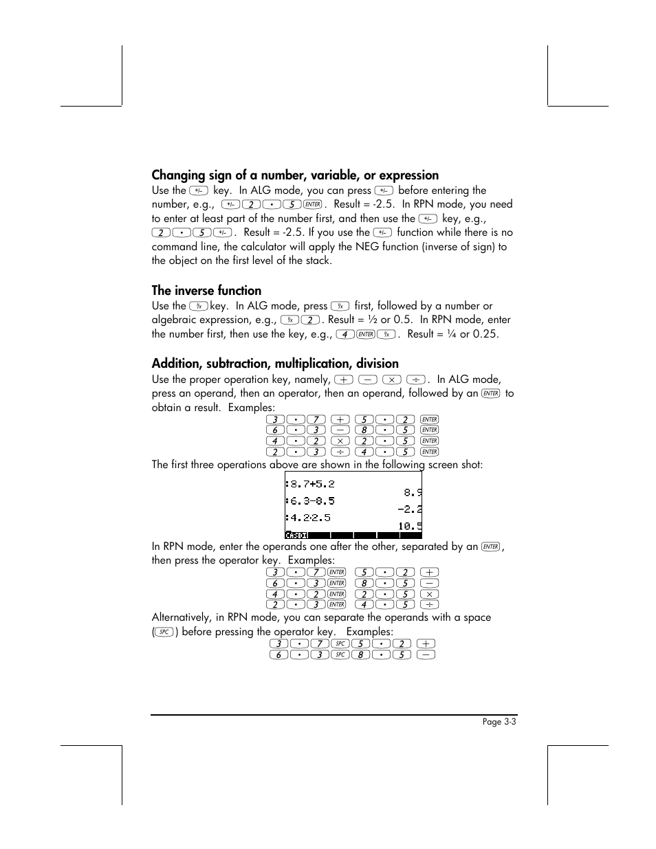 Changing sign of a number, variable, or expression, The inverse function, Addition, subtraction, multiplication, division | HP 48gII User Manual | Page 128 / 864