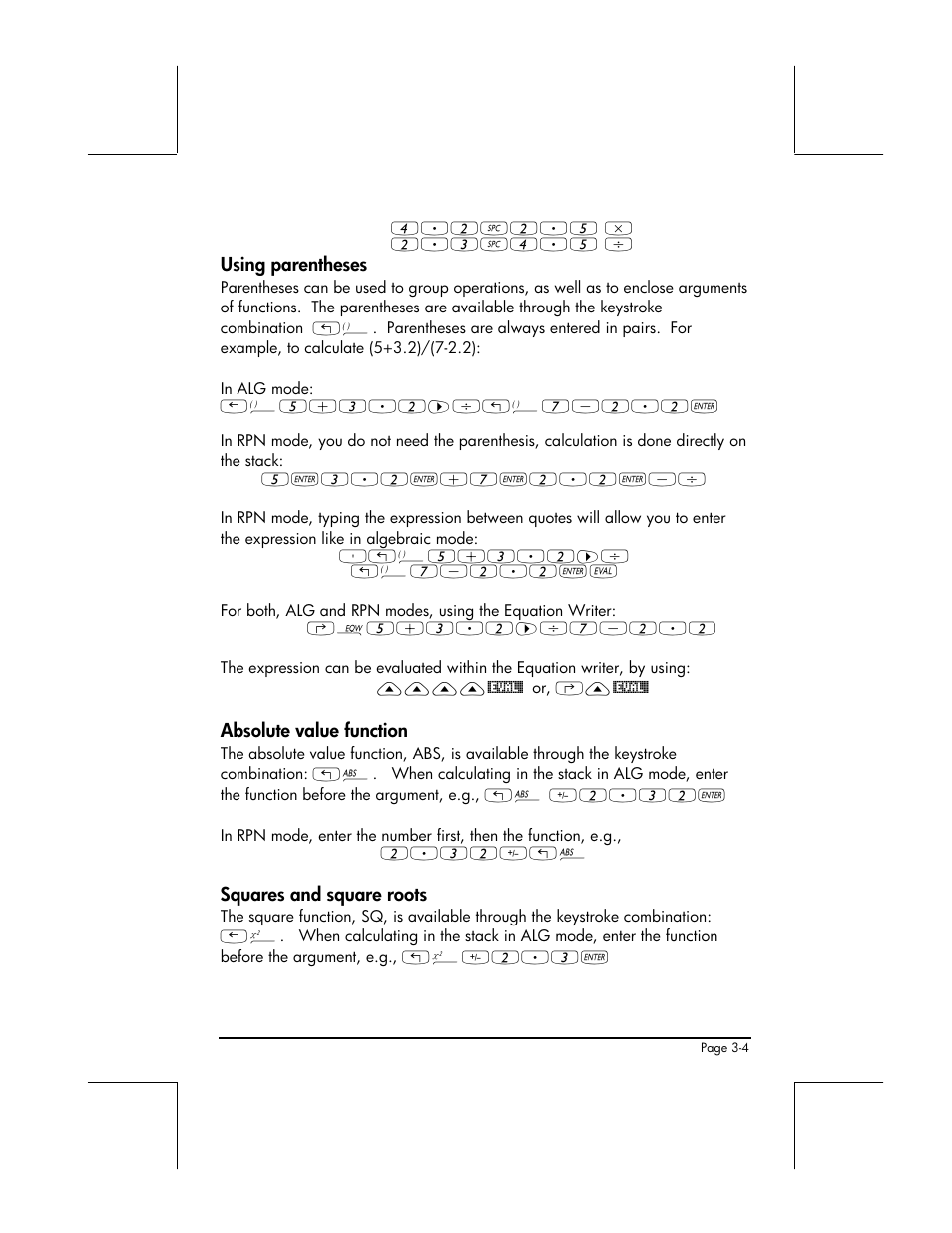 Using parentheses, Absolute value function, Squares and square roots | HP 48gII User Manual | Page 129 / 864
