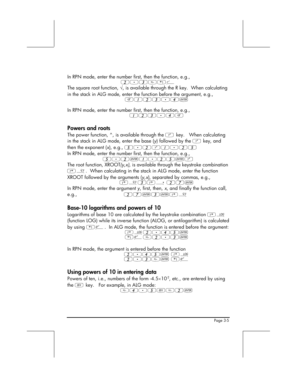 Powers and roots, Base-10 logarithms and powers of 10, Using powers of 10 in entering data | HP 48gII User Manual | Page 130 / 864