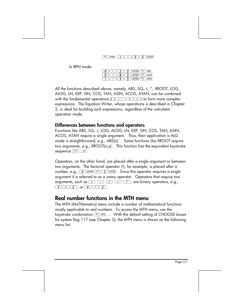 Differences between functions and operators, Real number functions in the mth menu | HP 48gII User Manual | Page 132 / 864