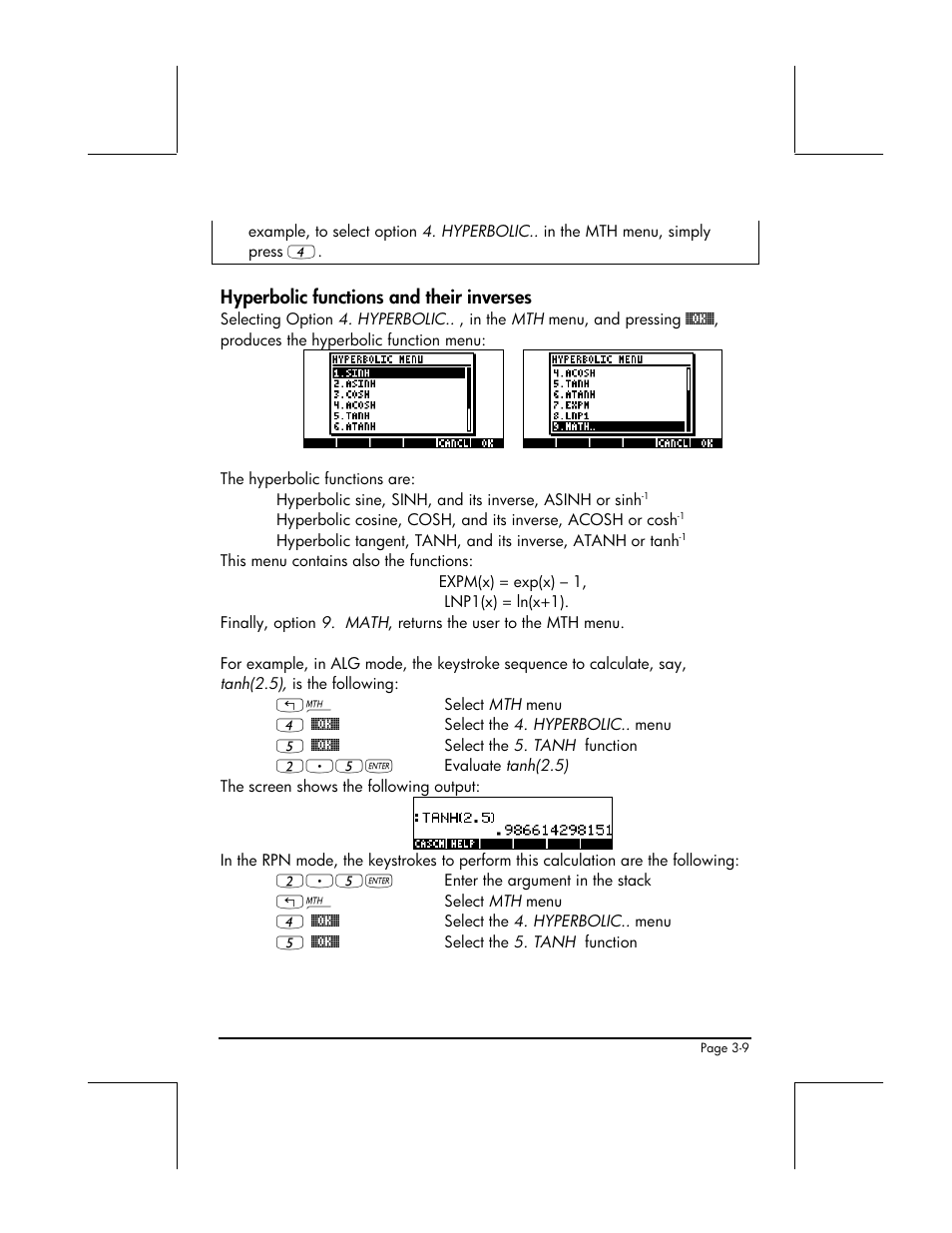 Hyperbolic functions and their inverses | HP 48gII User Manual | Page 134 / 864