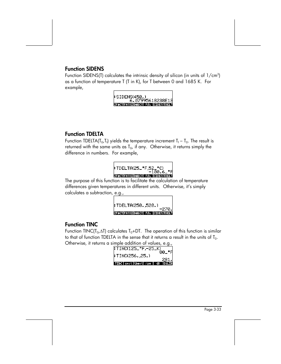 Function sidens, Function tdelta, Function tinc | HP 48gII User Manual | Page 158 / 864