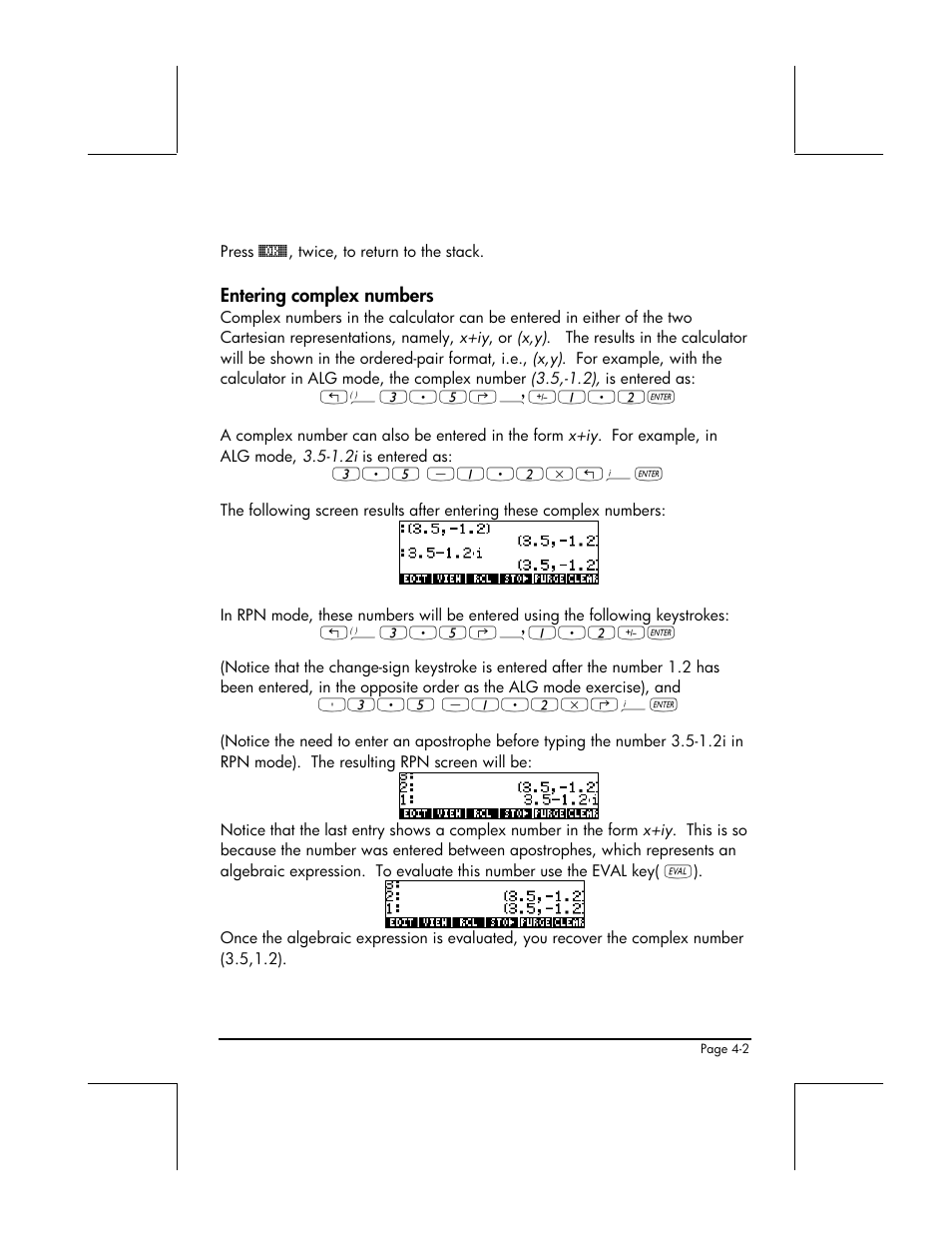 Entering complex numbers | HP 48gII User Manual | Page 164 / 864