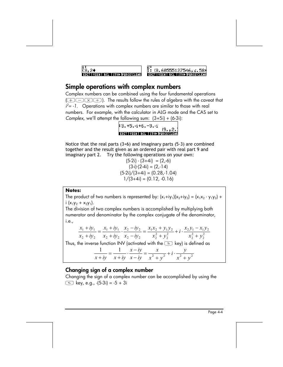 Simple operations with complex numbers, Changing sign of a complex number | HP 48gII User Manual | Page 166 / 864