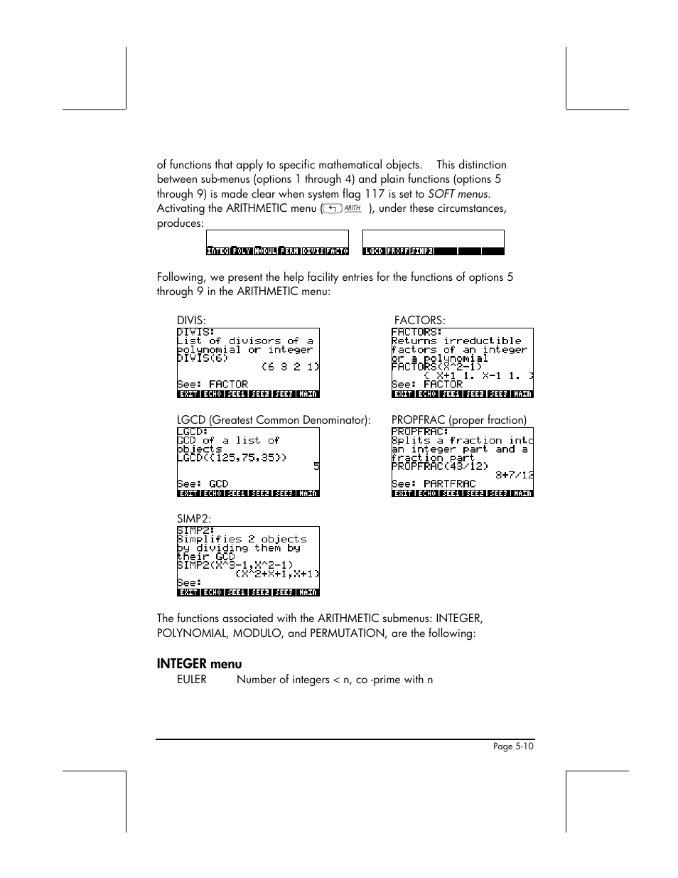 Divis, Factors, Lgcd | Propfrac, Simp2, Integer menu | HP 48gII User Manual | Page 181 / 864