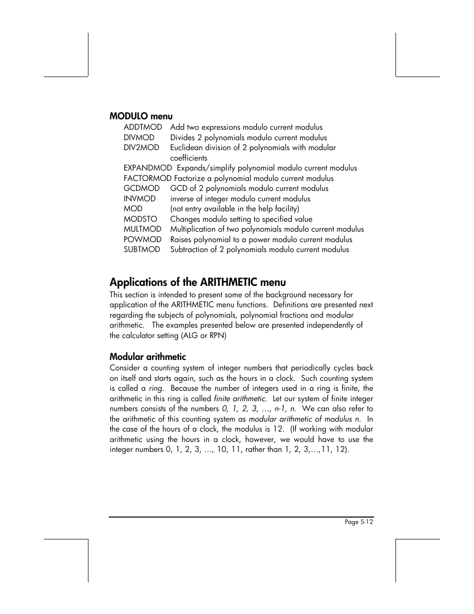 Modulo menu, Applications of the arithmetic menu, Modular arithmetic | HP 48gII User Manual | Page 183 / 864