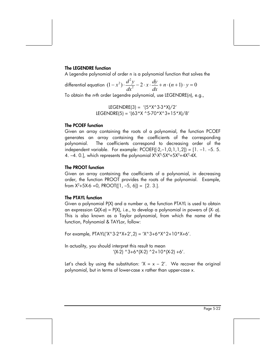 The legendre function, The pcoef function, The proot function | The ptayl function | HP 48gII User Manual | Page 193 / 864