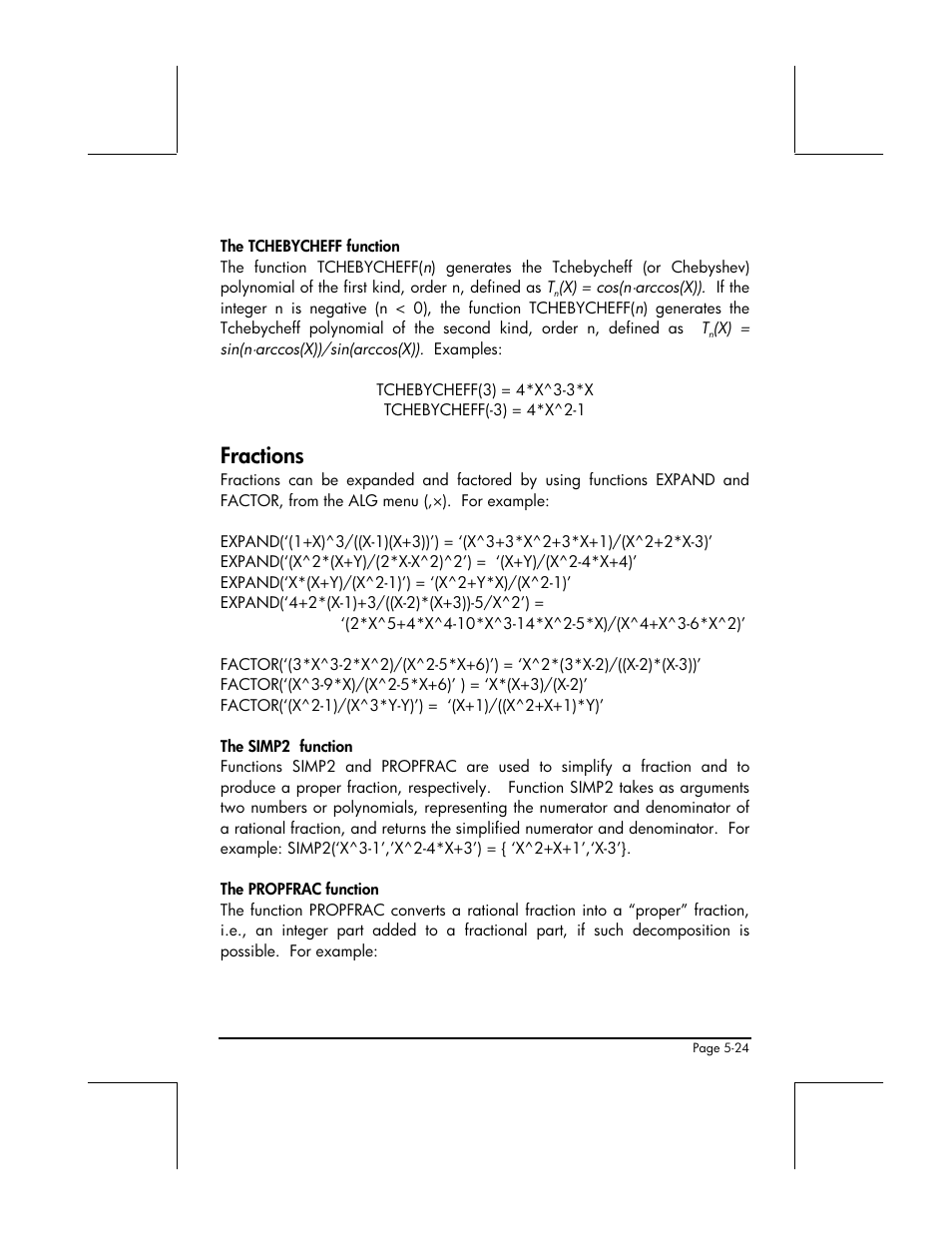 The tchebycheff function, Fractions, The simp2 function | The propfrac function | HP 48gII User Manual | Page 195 / 864