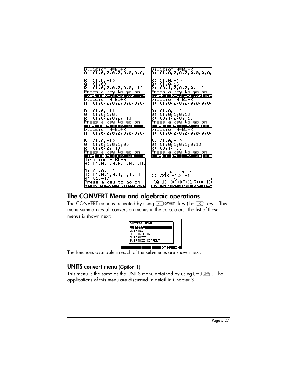The convert menu and algebraic operations, Units convert menu | HP 48gII User Manual | Page 198 / 864