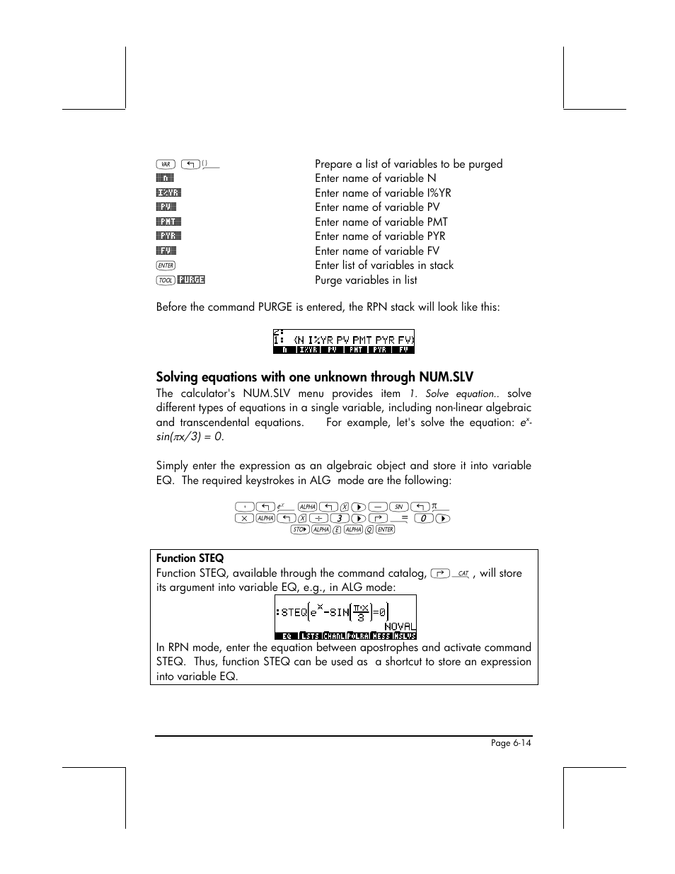 Solving equations with one unknown through num.slv | HP 48gII User Manual | Page 215 / 864