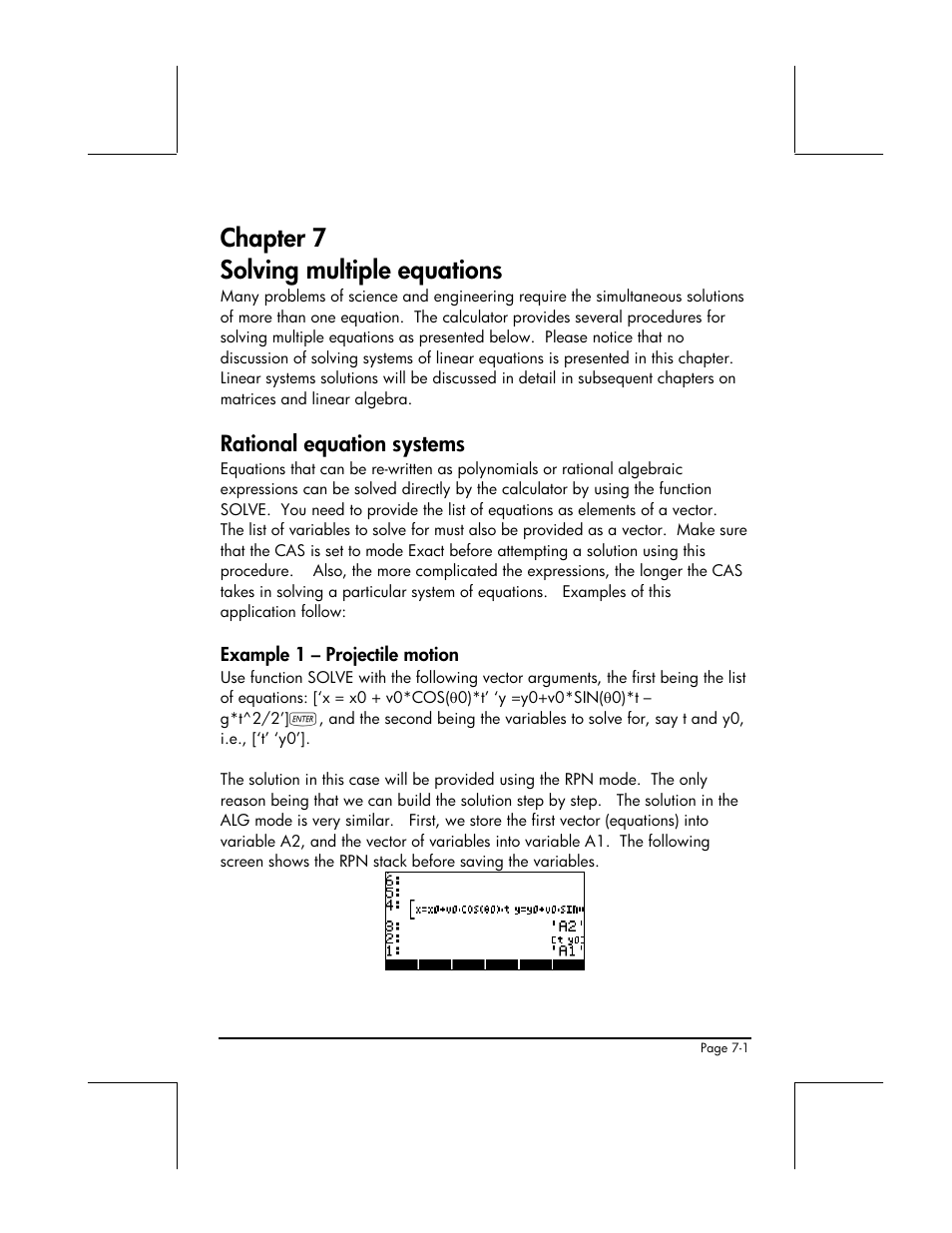 Chapter 7 solving multiple equations, Rational equation systems, Example 1 – projectile motion | HP 48gII User Manual | Page 235 / 864