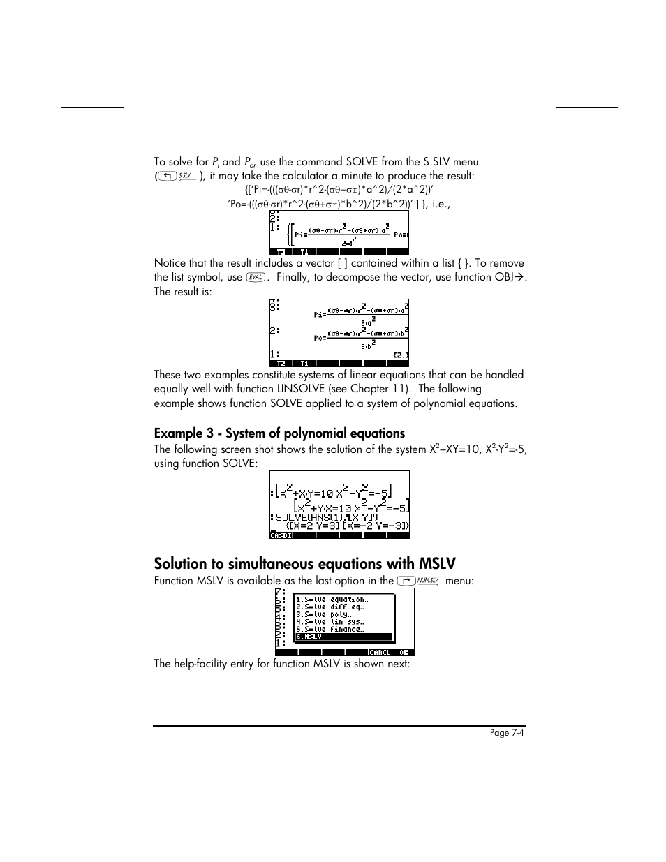 Example 3 - system of polynomial equations, Solution to simultaneous equations with mslv | HP 48gII User Manual | Page 238 / 864