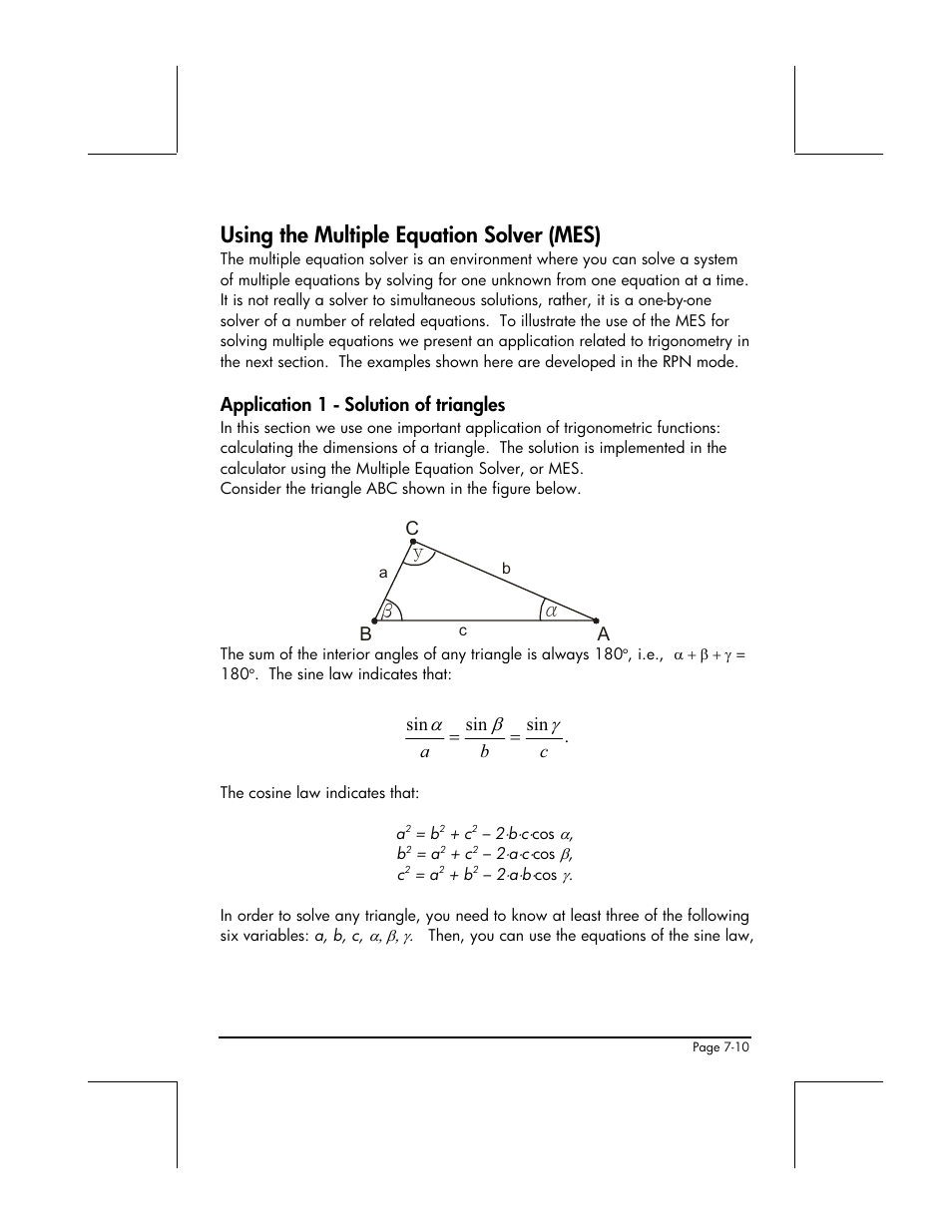 Using the multiple equation solver (mes), Application 1 - solution of triangles, Αβ ｙ | HP 48gII User Manual | Page 244 / 864