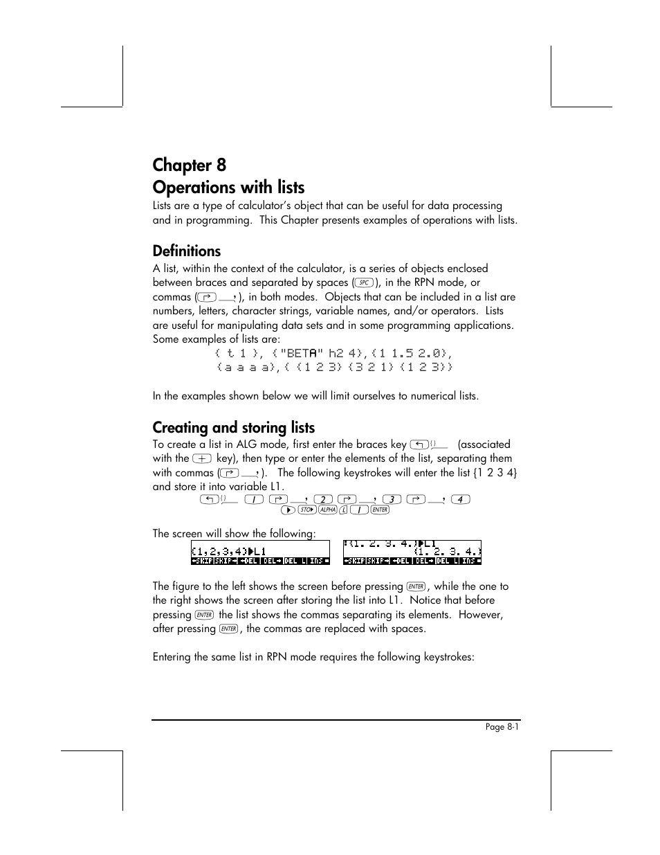 Chapter 8 operations with lists, Definitions, Creating and storing lists | HP 48gII User Manual | Page 256 / 864