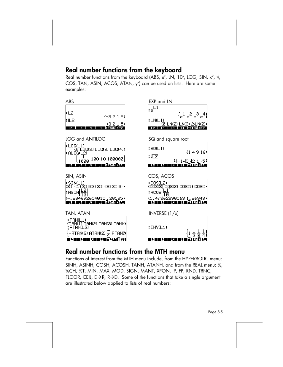 Real number functions from the keyboard, Real number functions from the mth menu | HP 48gII User Manual | Page 260 / 864