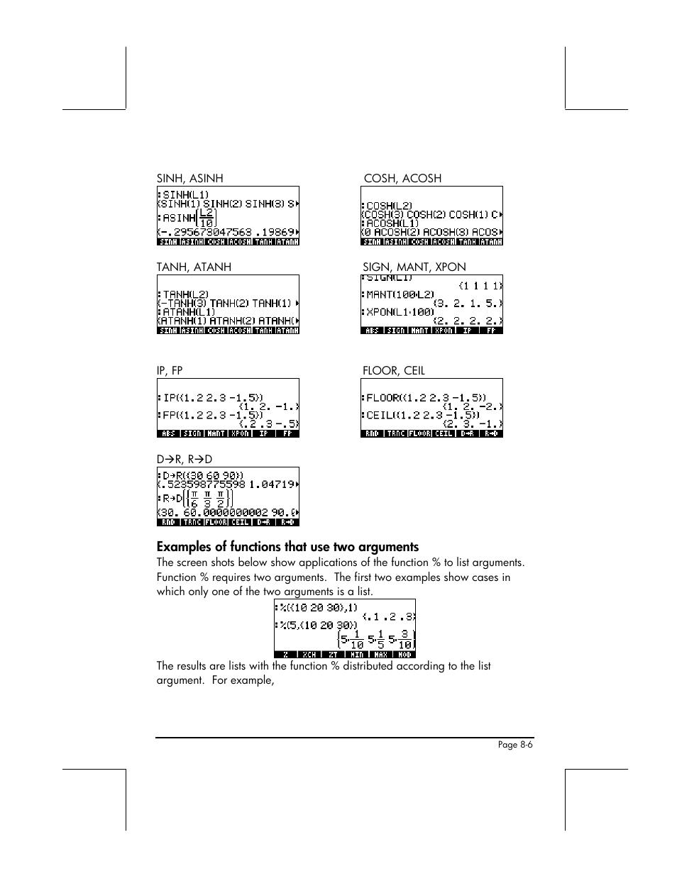 Examples of functions that use two arguments | HP 48gII User Manual | Page 261 / 864