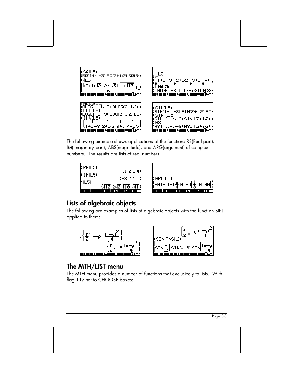 Lists of algebraic objects, The mth/list menu | HP 48gII User Manual | Page 263 / 864