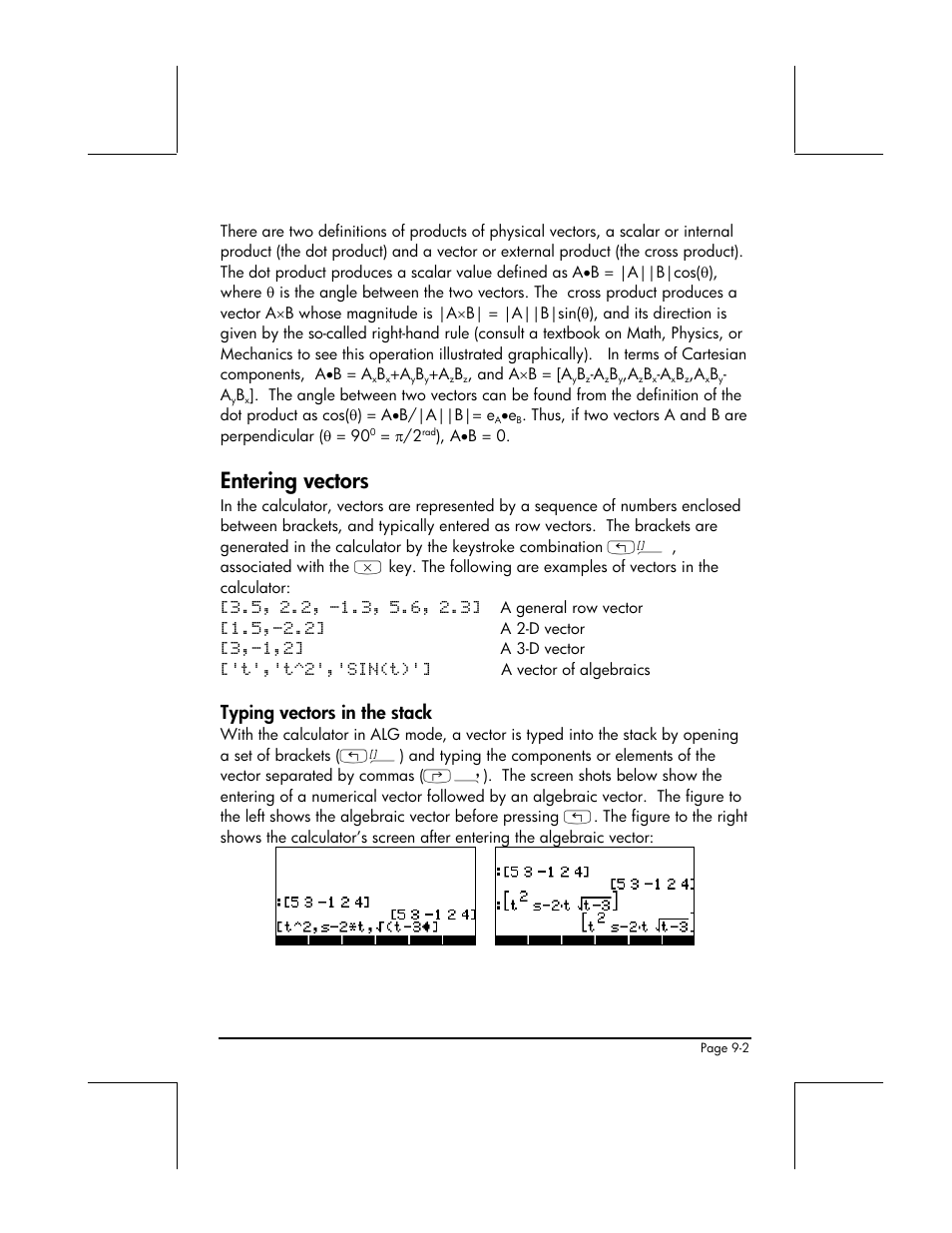 Entering vectors, Typing vectors in the stack | HP 48gII User Manual | Page 277 / 864