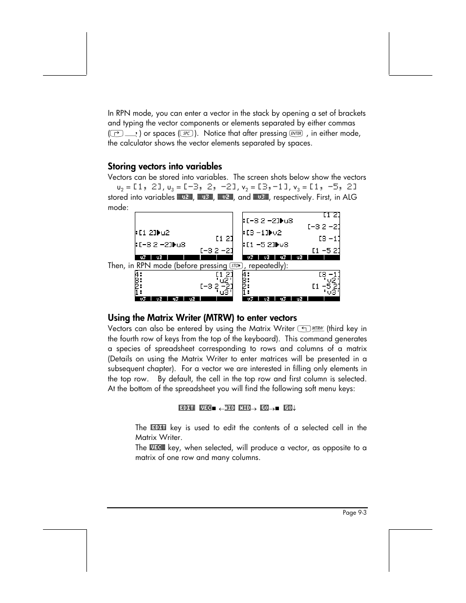 Storing vectors into variables, Using the matrix writer (mtrw) to enter vectors | HP 48gII User Manual | Page 278 / 864