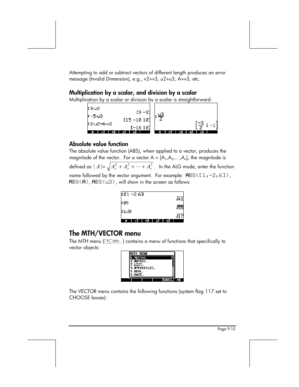 Absolute value function, The mth/vector menu | HP 48gII User Manual | Page 285 / 864