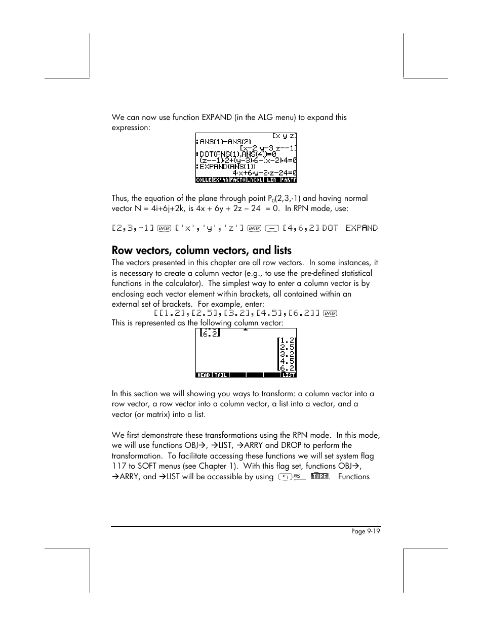 Row vectors, column vectors, and lists | HP 48gII User Manual | Page 294 / 864