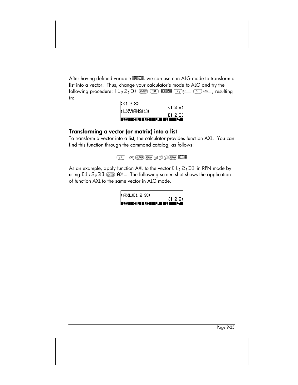 Transforming a vector (or matrix) into a list | HP 48gII User Manual | Page 300 / 864
