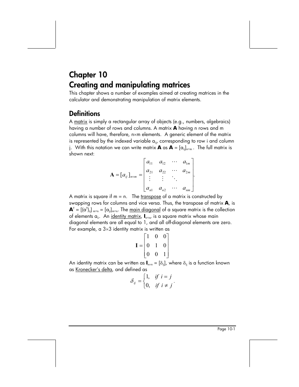 Chapter 10 creating and manipulating matrices, Definitions | HP 48gII User Manual | Page 301 / 864