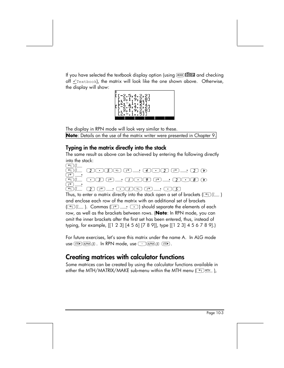 Typing in the matrix directly into the stack, Creating matrices with calculator functions | HP 48gII User Manual | Page 303 / 864