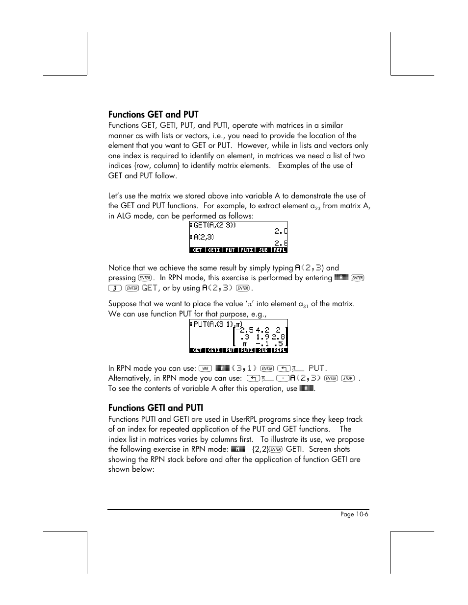 Functions get and put, Functions geti and puti | HP 48gII User Manual | Page 306 / 864